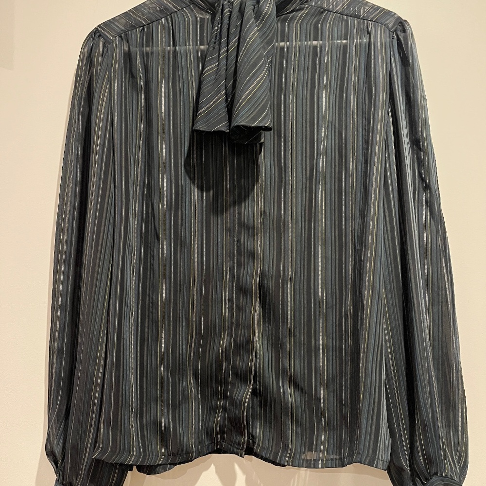 70’s vintage long sleeved sheer striped button down with ascot.